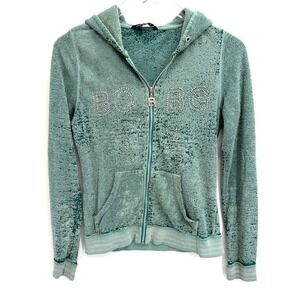 Y2K BCBG MaxAzria Teal Rhinestone Sweatshirt S/M Burnout Terry Zip Up Hoodie